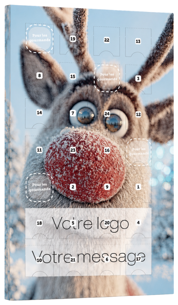 Simulation 3D d'un calendrier de l'Avent personnalisé Geiger, modèle vertical Renne