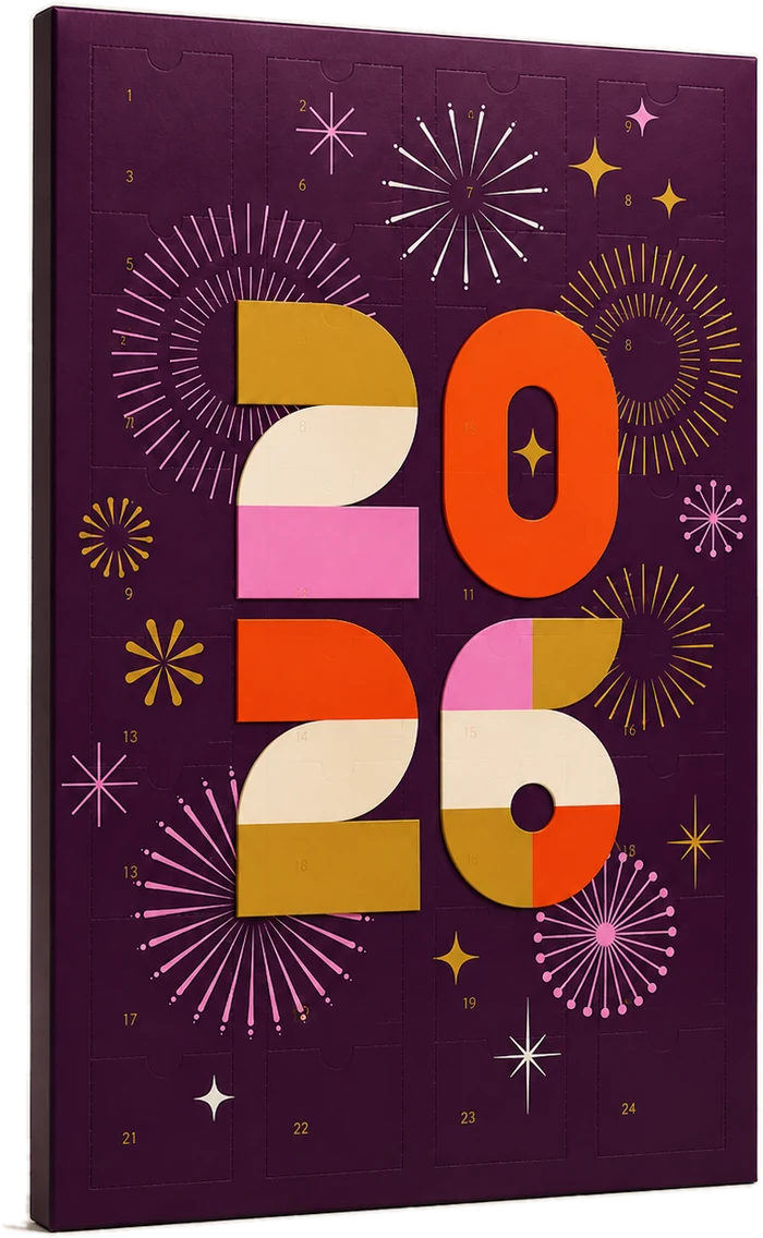 Simulation 3D d'un calendrier de l'Avent personnalisé Geiger, coffret violet numéroté 2026